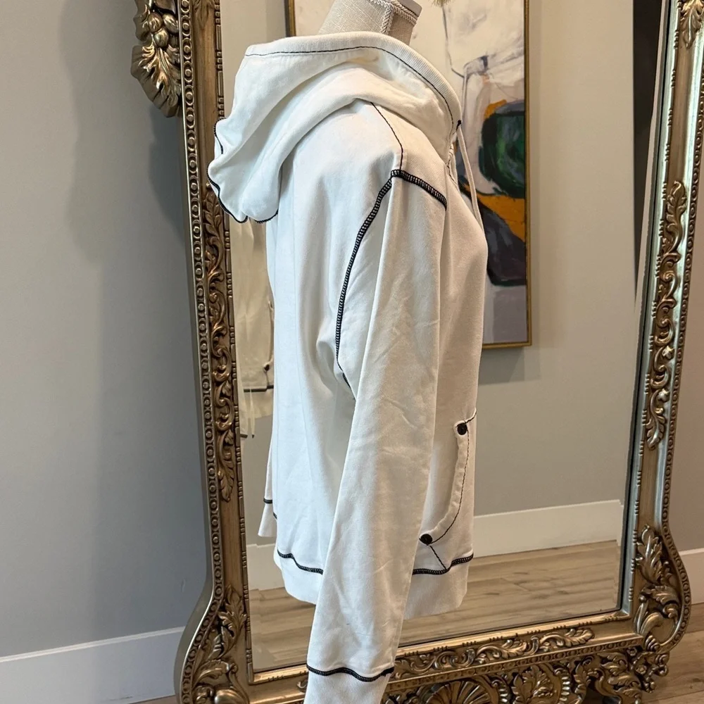 True Religion White Zip-Up Hoodie with Black Contrast Stitching